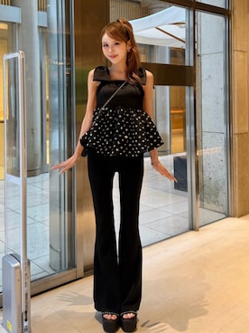 「Darich（ダーリッチ）の美シルエットカットフレアパンツ（その他パンツ、ブラック系）」を使った、Darichさん（レディース・160cm）の夏コーディネート