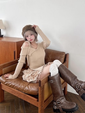 「Darich（ダーリッチ）のランダムフリルニットセットアップ（セットアップ）」を使った、Darichさん（レディース・155cm）の秋コーディネート
