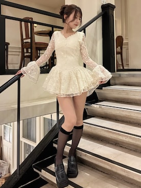 「Darich（ダーリッチ）のフェアリーレースフリルミニワンピース（ワンピース、ホワイト系）」を使った、Darichさん（レディース・158cm）の秋コーディネート