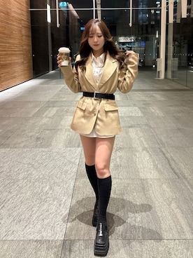 「Darich（ダーリッチ）のウエストマークビッグシャツ（シャツ/ブラウス、ホワイト系）」を使った、Darichさん（レディース・158cm）の春コーディネート