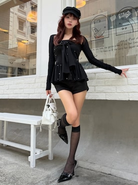 「Darich（ダーリッチ）のUVカットリボンビジューアンサンブル（アンサンブル、ブラック系）」を使った、Darichさん（レディース・163cm）の夏コーディネート