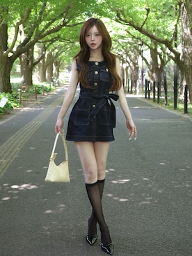 「Darich（ダーリッチ）のウエストマークステッチデニムミニワンピース（ワンピース、ブルー系）」を使った、Darichさん（レディース・163cm）の春コーディネート