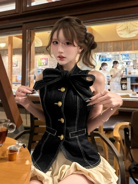 「Darich（ダーリッチ）のDDボタンリボンデニムトップス（ベスト、ブルー系）」を使った、Darichさん（レディース・158cm）の春コーディネート