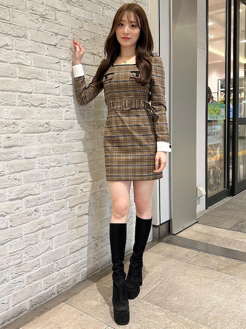 セール】スクエアネックチェックミニワンピース（ワンピース