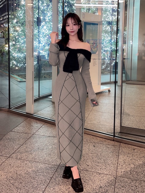 リボンステッチニットロングワンピース リボンステッチニットロングワンピース（ワンピース）｜Darich