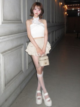 「Darich（ダーリッチ）のリボンレースニットキャミソール（キャミソール、ホワイト系）」を使った、Darichさん（レディース・155cm）の夏コーディネート