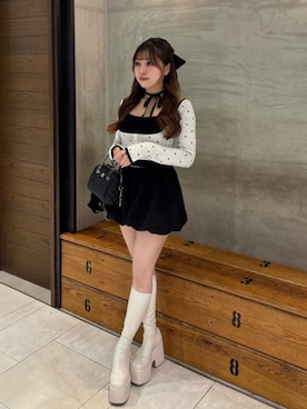 「Darich（ダーリッチ）のネックリボンドットニットアンサンブル（アンサンブル、ホワイト系）」を使った、Darichさん（レディース・158cm）の春コーディネート