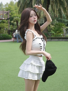「Darich（ダーリッチ）のクロシェニットフリルセットアップ（セットアップ、ホワイト系）」を使った、Darichさん（レディース・163cm）の夏コーディネート