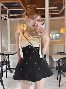 「Darich（ダーリッチ）のリボングロウフレアミニワンピース（ワンピース、ブラック系）」を使った、Darichさん（レディース・163cm）の夏コーディネート