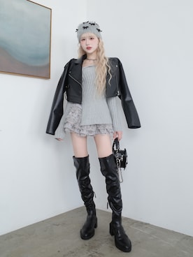「アイテム（ライダースジャケット）」を使った、Darichさん（レディース・165cm）の夏コーディネート