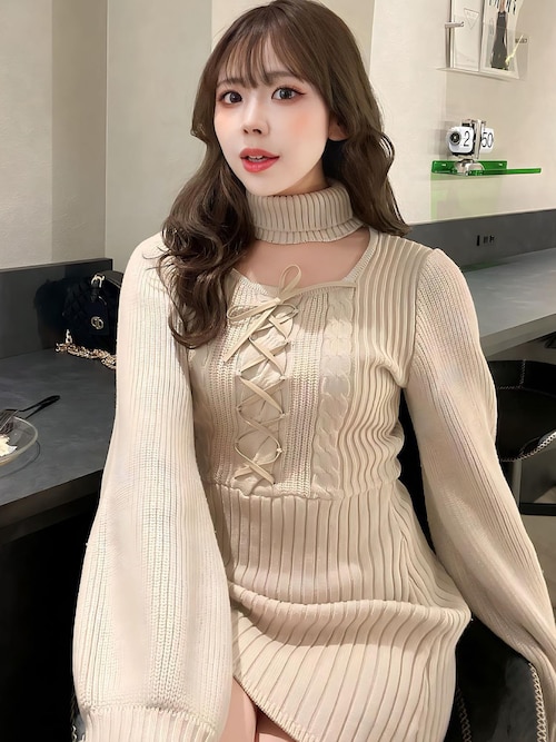 レースアップケーブルニットミニワンピース（ワンピース