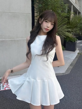 「Darich（ダーリッチ）の美シルエットプリーツミニワンピース（ワンピース、ホワイト系）」を使った、Darichさん（レディース・158cm）の春コーディネート