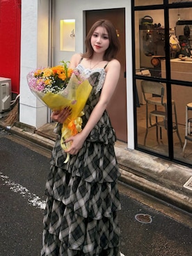 「Darich（ダーリッチ）のバイヤスチェックシフォンティアードロングワンピース（ワンピース、ブラック系）」を使った、Darichさん（レディース・160cm）の夏コーディネート