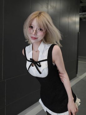 「Darich（ダーリッチ）のクラシカルドッキングフリルミニワンピース（ワンピース、ブラック系）」を使った、Darichさん（レディース・158cm）の春コーディネート