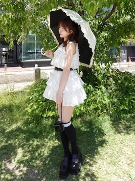 「Darich（ダーリッチ）のドットティアードアメスリミニワンピース（ワンピース、ホワイト系）」を使った、Darichさん（レディース・158cm）の春コーディネート