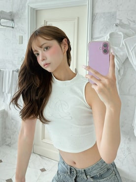 「Darich（ダーリッチ）のシグネチャーDRビジューノースリトップス（その他トップス、ホワイト系）」を使った、Darichさん（レディース・163cm）の夏コーディネート