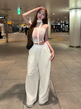 「Darich（ダーリッチ）のBody Scriptスウェットルーズパンツ（スウェットパンツ、ホワイト系）」を使った、Darichさん（レディース・163cm）の春コーディネート