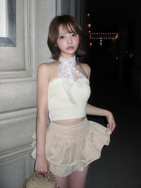 「Darich（ダーリッチ）のリボンレースニットキャミソール（キャミソール、ホワイト系）」を使った、Darichさん（レディース・160cm）の夏コーディネート