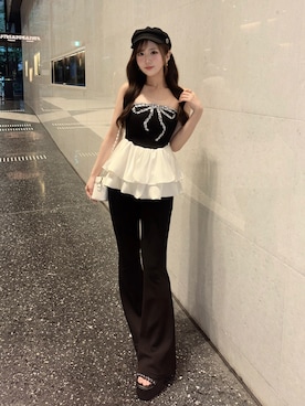 「Darich（ダーリッチ）のリボンビジューバルーンベアチュニック（その他トップス、ブラック系）」を使った、Darichさん（レディース・163cm）の夏コーディネート