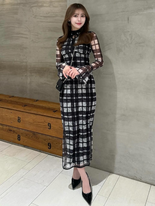 ダーリッチ パイピングチェックレースロングワンピース ベージュ ダーリッチ Darich パイピングチェックレースロングワンピース