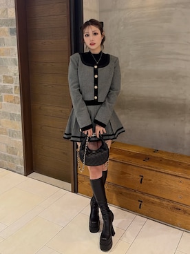 「Darich（ダーリッチ）のチェックベロアトリムセットアップ（セットアップ、ブラック系）」を使った、Darichさん（レディース・168cm）の秋コーディネート