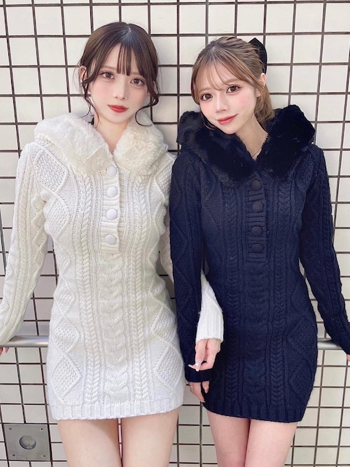 フードファーケーブルニットミニワンピース（ワンピース