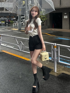 「Darich（ダーリッチ）のサイドアップショートパンツ（その他パンツ、ブラック系）」を使った、Darichさん（レディース・158cm）の春コーディネート