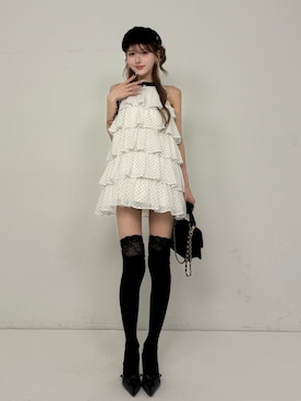 「Darich（ダーリッチ）のドットティアードアメスリミニワンピース（ワンピース、ホワイト系）」を使った、Darichさん（レディース・158cm）の春コーディネート