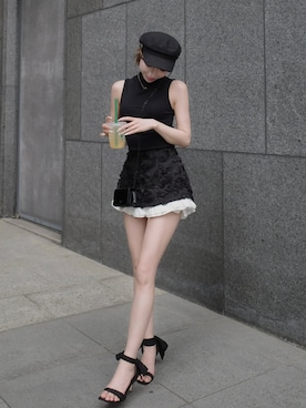 「Darich（ダーリッチ）のクチュールライクフリルミニスカート（スカート、ブラック系）」を使った、Darichさん（レディース・160cm）の夏コーディネート