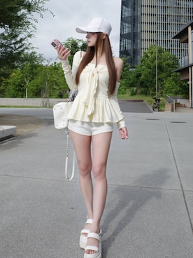 「Darich（ダーリッチ）のUVカットリボンビジューアンサンブル（アンサンブル、イエロー系）」を使った、Darichさん（レディース・163cm）の夏コーディネート
