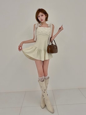 「Darich（ダーリッチ）のフラワーモチーフリボンミニワンピース（ワンピース、ホワイト系）」を使った、Darichさん（レディース・160cm）の夏コーディネート