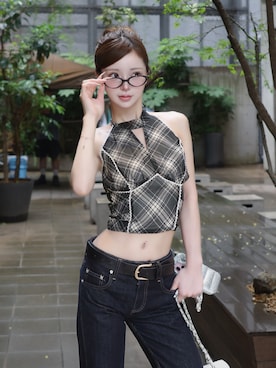 「Darich（ダーリッチ）のバイアスチェックレースアメスリトップス（その他トップス、ブラック系）」を使った、Darichさん（レディース・163cm）の夏コーディネート