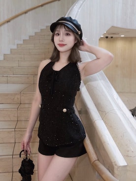 「Darich（ダーリッチ）のバックリボンチェーンツイードトップス（その他トップス、ブラック系）」を使った、Darichさん（レディース・155cm）の夏コーディネート