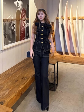 「Darich（ダーリッチ）のDDボタンリボンデニムトップス（ベスト、ブルー系）」を使った、Darichさん（レディース・158cm）の春コーディネート