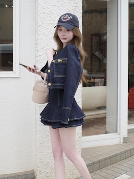 「Darich（ダーリッチ）のダブルプリーツデニムミニワンピース（ワンピース、ブルー系）」を使った、Darichさん（レディース・158cm）の春コーディネート