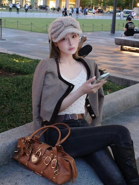 「Darich（ダーリッチ）のチェックベロアトリムセットアップ（セットアップ、ブラウン系）」を使った、Darichさん（レディース・168cm）の秋コーディネート