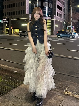 「Darich（ダーリッチ）のボリュームアシメチュールロングスカート（スカート、ホワイト系）」を使った、Darichさん（レディース・158cm）の春コーディネート