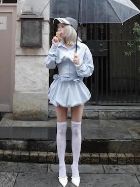 「Darich（ダーリッチ）のビジューシャツバルーンミニセットアップ（セットアップ、ブルー系）」を使った、Darichさん（レディース・158cm）の春コーディネート