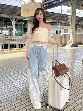 「Darich（ダーリッチ）のレースビジュールーズデニムパンツ（デニムパンツ、ブルー系）」を使った、Darichさん（レディース・163cm）の夏コーディネート