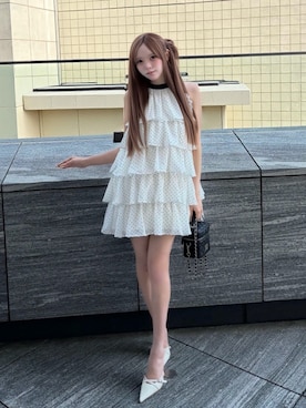 「Darich（ダーリッチ）のドットティアードアメスリミニワンピース（ワンピース、ホワイト系）」を使った、Darichさん（レディース・158cm）の春コーディネート