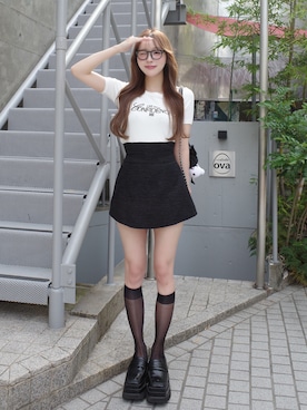 「Darich（ダーリッチ）のレディフィットフレアミニスカート（スカート、ブラック系）」を使った、Darichさん（レディース・163cm）の夏コーディネート