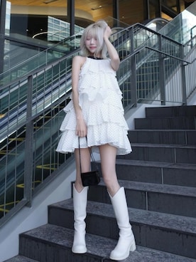 「Darich（ダーリッチ）のドットティアードアメスリミニワンピース（ワンピース、ホワイト系）」を使った、Darichさん（レディース・163cm）の夏コーディネート