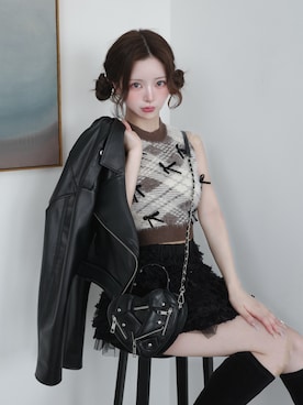 「アイテム（ライダースジャケット）」を使った、Darichさん（レディース・158cm）の夏コーディネート