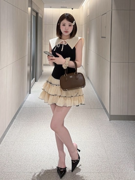 「Darich（ダーリッチ）のセーラーカラーボリュームフリルミニワンピース（ワンピース、ブラック系）」を使った、Darichさん（レディース・160cm）の夏コーディネート