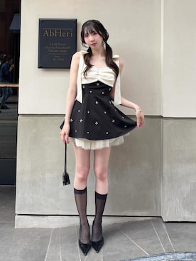 「Darich（ダーリッチ）のリボングロウフレアミニワンピース（ワンピース、ブラック系）」を使った、Darichさん（レディース・163cm）の夏コーディネート