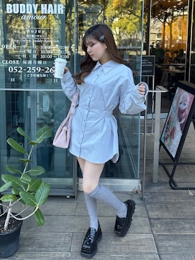 「Darich（ダーリッチ）のウエストマークビッグシャツ（シャツ/ブラウス、ブルー系）」を使った、Darichさん（レディース・158cm）の春コーディネート