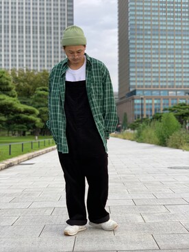 「GU（ジーユー）のアイテム（オールインワン・サロペット、ブラック系）」を使った、yopiさん（メンズ・171cm）の秋コーディネート