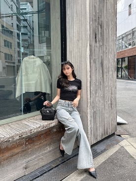 「GYDA（ジェイダ）のGemyntar bijou Tシャツ（Tシャツ/カットソー、ブラック系）」を使った、mikuさん（レディース・160cm）の春コーディネート