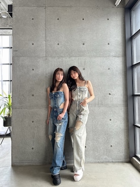 「GYDA（ジェイダ）の2WAYデニムチェーンロンパース（つなぎ/オールインワン、ブルー系）」を使った、mikuさん（レディース・160cm）の春コーディネート