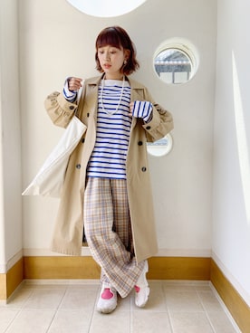 「カラーソックス」｜「アイテム（トレンチコート）」を使った、きゃのさん（レディース・155cm）の春コーディネート